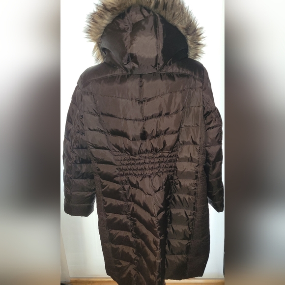 Michael Kors Petite Faux-Fur-Collar Zip Hooded Down Puffer Coat Dark Brown XL - Picture 2 of 6